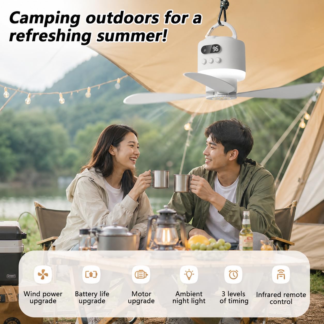 Deckenventilator mit Beleuchtung, 45CM Camping Ventilator für Zelt, 15600mAh Akku aufladbar mit Licht und Fernbedienung USB Timer leise, mobiler Deckenventilator für Outdoor Pavillon Terrasse (Weiß)