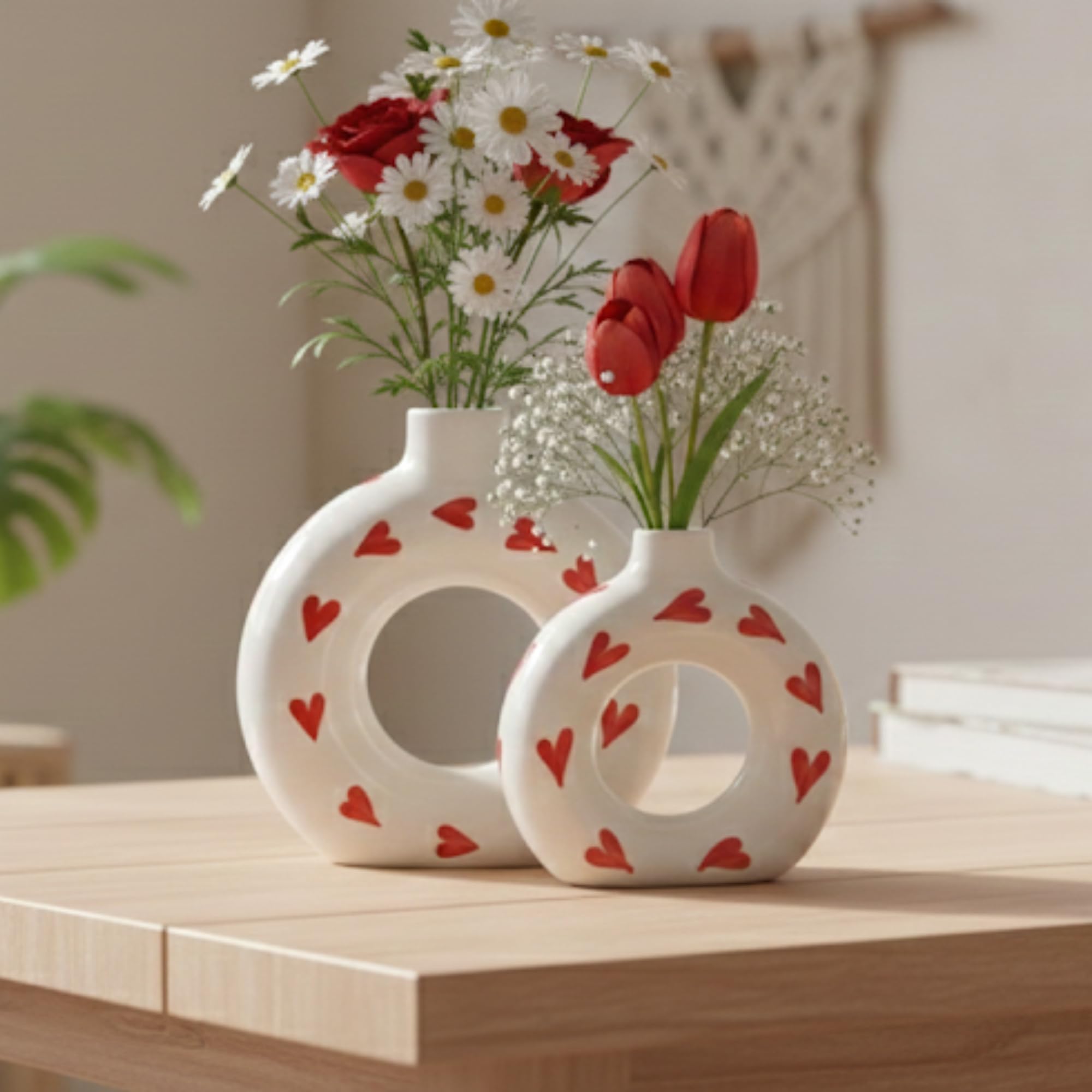 Ceramic Big & Small Round Hollow Heart Print Donut Vases O-Shaped Ring Planters for Modern Home Decor, Living Room, Office Decor-image-17