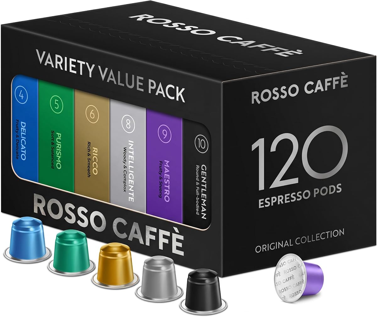 ROSSO CAFFÈ Cápsulas de espresso para máquinas Nespresso originales, paquete variado 120 | Seis mezclas de café premium • De suave a intenso • Rica crema • 120 cápsulas