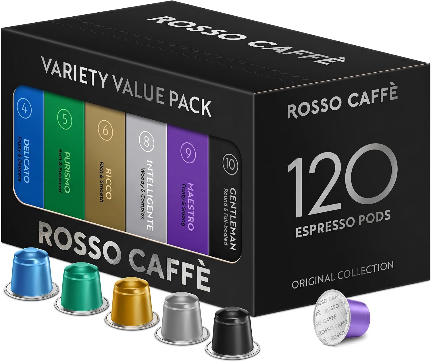 ROSSO CAFFÈ Espresso Pods for Nespresso Original Machines, Variety Pack 120 | Six Premium Coffee Blends • Smooth to Intense • Rich Crema • 120 Capsules