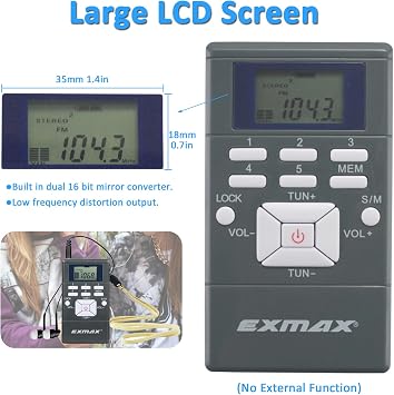 EXMAX E108 Wireless Stereo FM Radio Receiver - Portable Pocket Mini With Earbuds, LCD Clock for Translator Tour Guide System, Jogging, Running, Walking, Yardwork - Gray