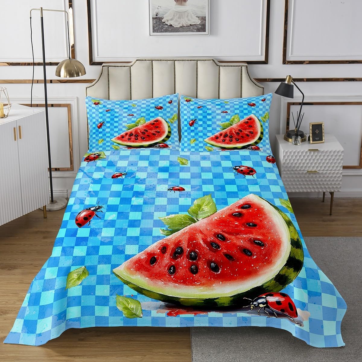 Homewish Watermelon Bedspread Twin Size,Ladybugs Summer Fruits Bedding Set for Kids Girls Boys Room Decor,Cool Tropical Holiday Theme Coverlet Set 2Pcs,Blue Plaid Wild Animal Quilt,1 Pillowcase