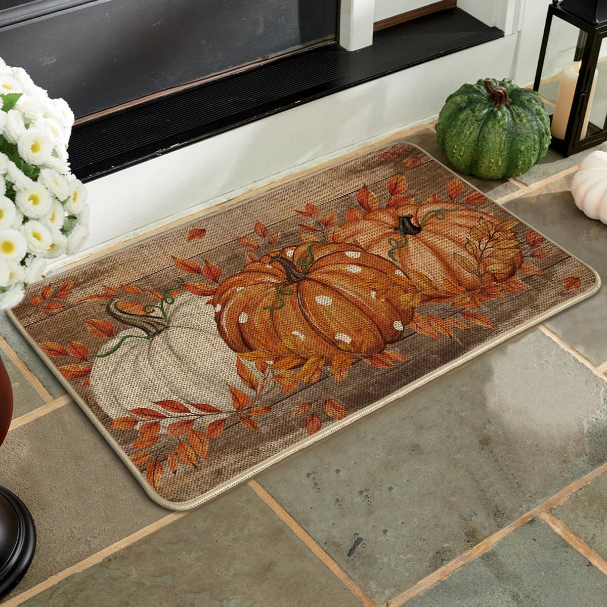 Artoid Mode Wood Orange Dot Pumpkin Eucalyptus Fall Doormat 17x29 Inch
