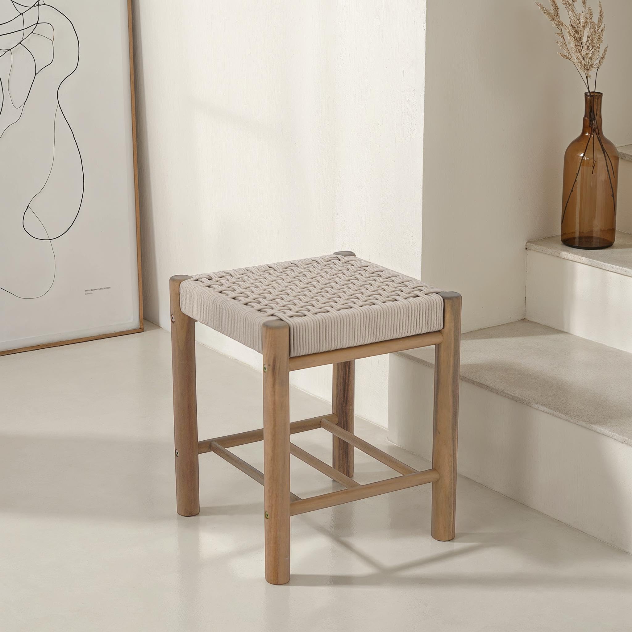 BAÏTA Tabouret intérieur et extérieur AVI en Bois d'acacia et Corde Beige