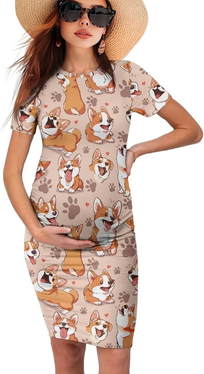 Women's Crewneck Short Sleeve Maternity Bodycon Midi Dress Ruched Pregnancy Dress for Photoshoot Baby Shower S-2XL