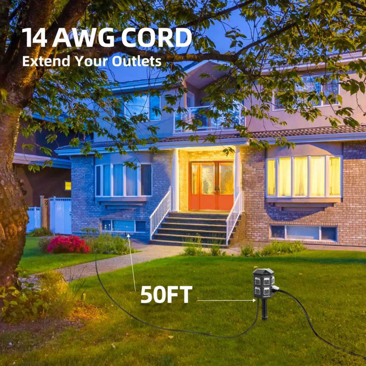 TiFFCOFiO Outdoor Power Strip Waterproof, 24 Hour Mechanical Timer, 50 ft Extension Cord, 6 Grounded Outlets for Outdoor Lights, ETL Listed (50 FT)