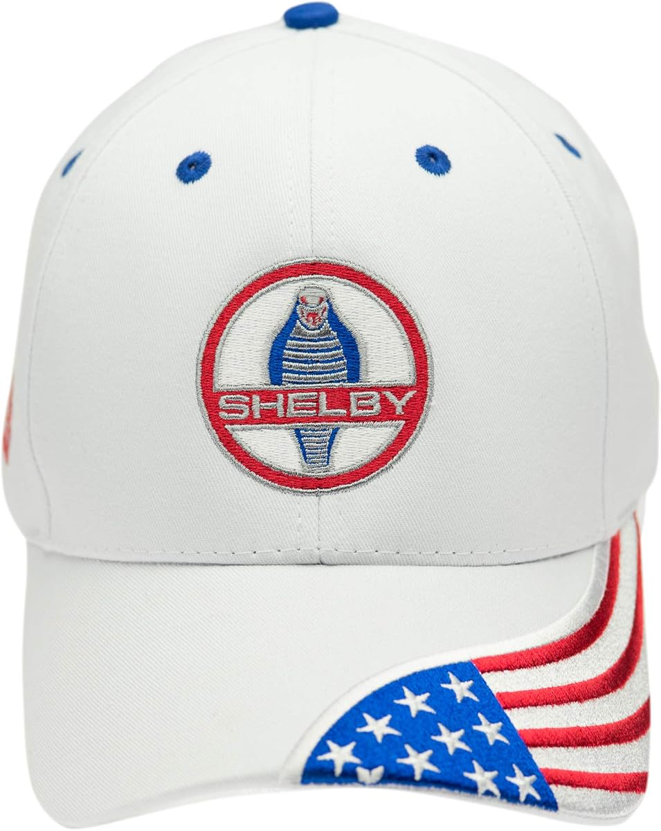 Gorra de béisbol de la bandera americana de la serpiente de Shelby Cobra de <br> Agrega Estilo A Su Móvil! Sombrero blanco con bandera americana | Ajustable | Talla única