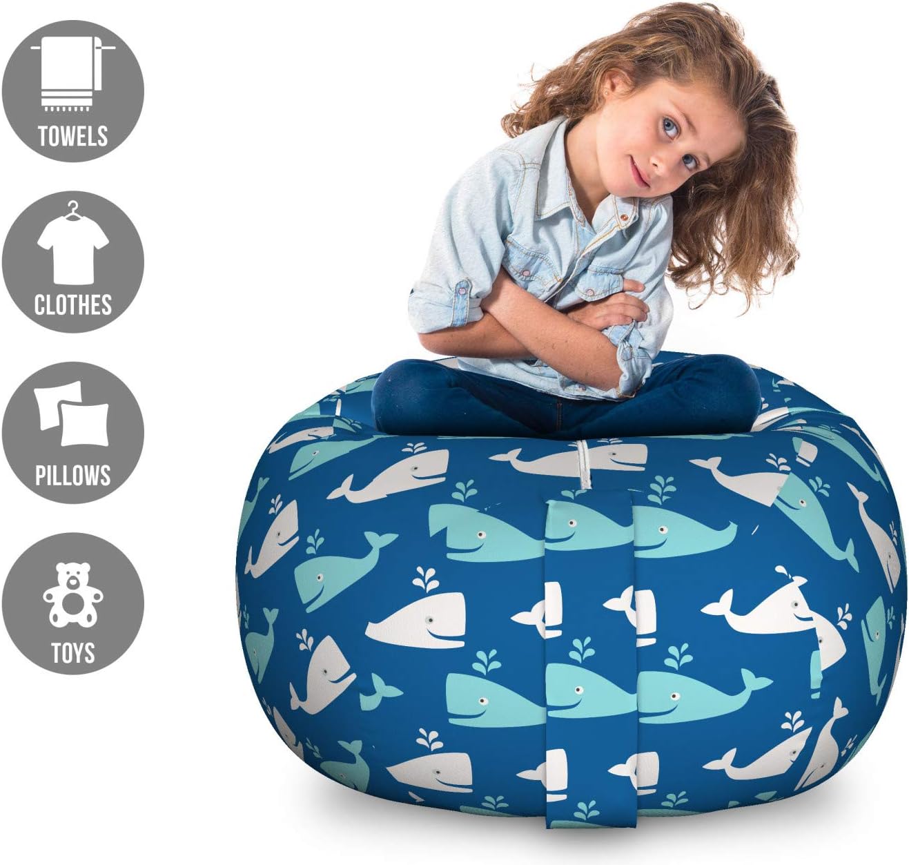 Ambesonne Whale Storage Toy Bag Chair, Bicolor Whales in The Sea in Cartoon Drawing Style Underwater Wildlife, Stuffed Animal Organizer Washable Bag, Large Size, Navy Blue Aqua Beige