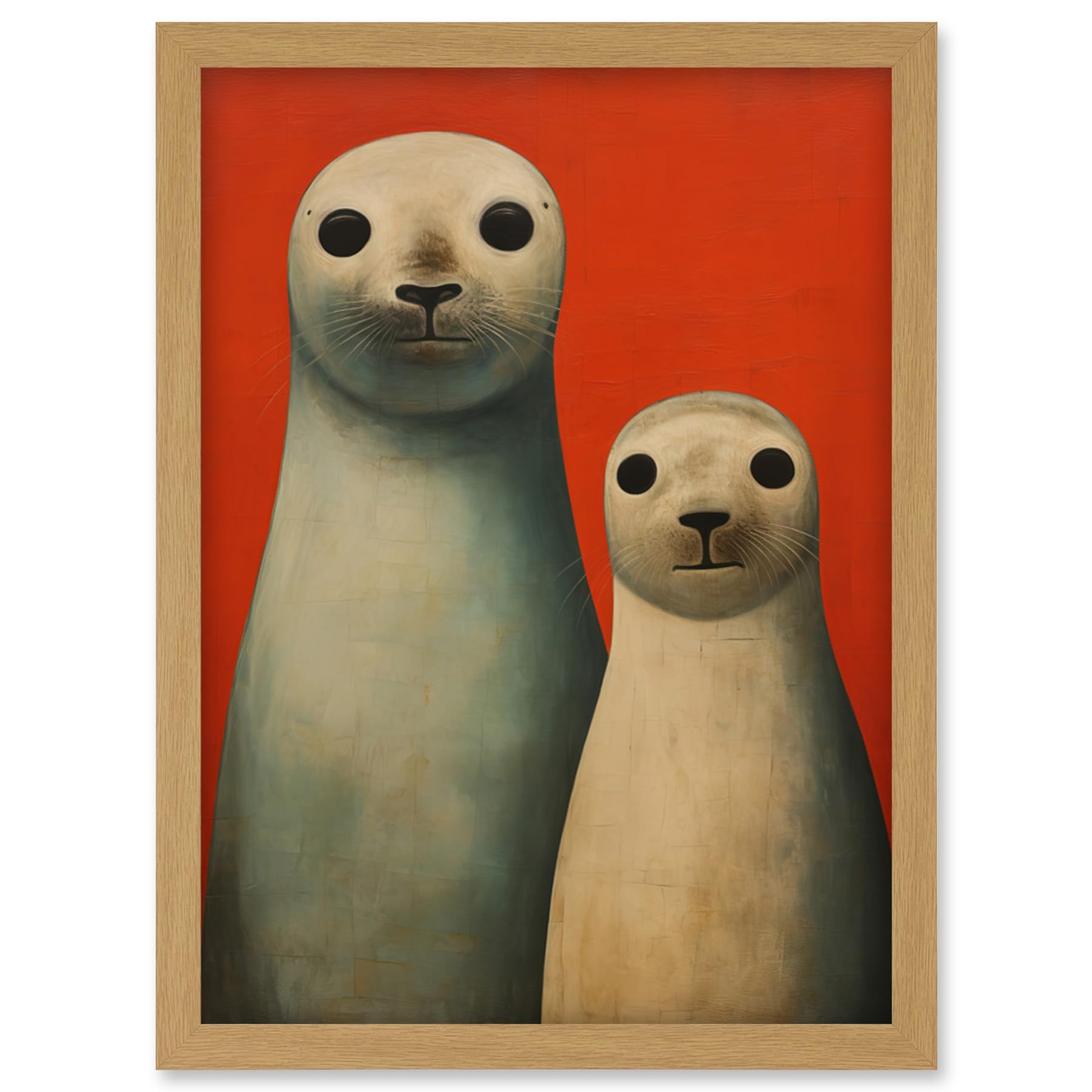 Artery8 Seal Pups Portrait White Cream On Red Crimson Coral Detailed Oil Painting Artwork Framed Wall Art Print A4