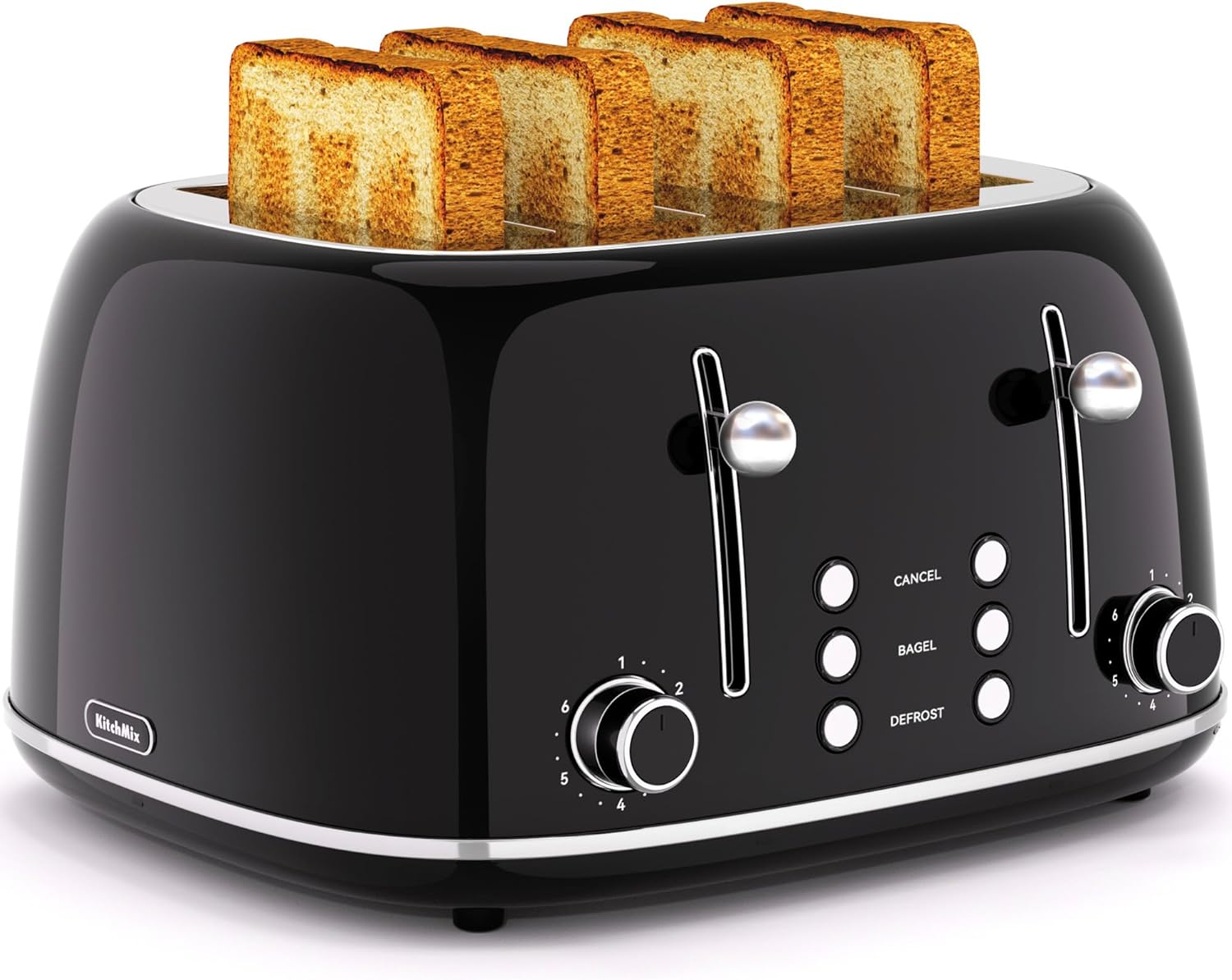 Toaster 4 Slice, Retro Stainless Toaster with 6 Bread Shade Settings,1.5''Wide Slots with Cancel/Defrost/Reheat Functions,Dual Independent Control Panel, Removal Crumb Tray (Black)