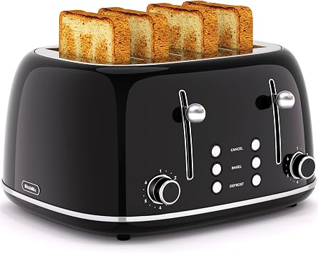 Toaster 4 Slice, Retro Stainless Toaster with 6 Bread Shade Settings,1.5Wide Slots with Cancel/Defrost/Reheat Functions,Dual Independent Control Panel, Removal Crumb Tray Black