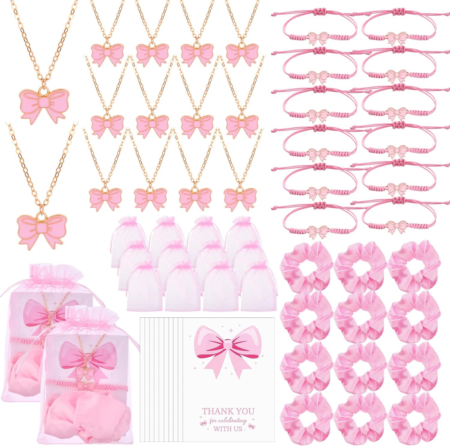 12Sets Bow Party Favors Gifts Bulk Coquette Bow Braid String Bracelets Bows Necklace Ribbon Jewelry Bulk Pendant Charms Hair Ties Bag Card Cheerleader Adjustable String Rope Braided Favor - Image 8