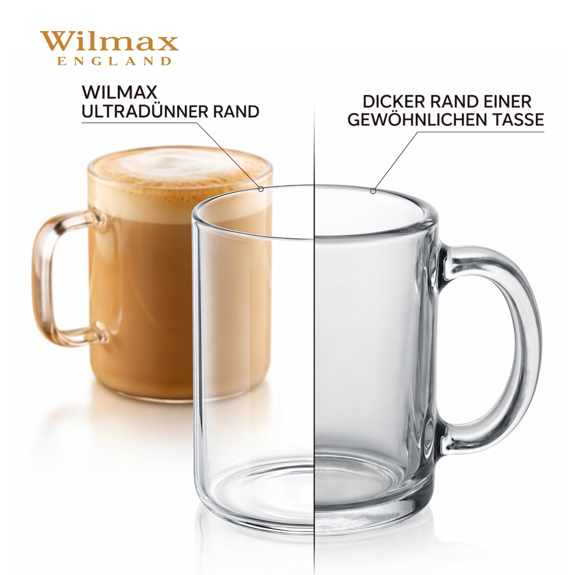 Wilmax | Teegläser mit Henkel & Kaffeegläser | Thermogläser 6er-Set | 400 ml | Gläser für Heiß- und Kaltgetränke | Kaffeebecher | Teetassen | Saftgläser | Glastassen | Spülmaschinenfest
