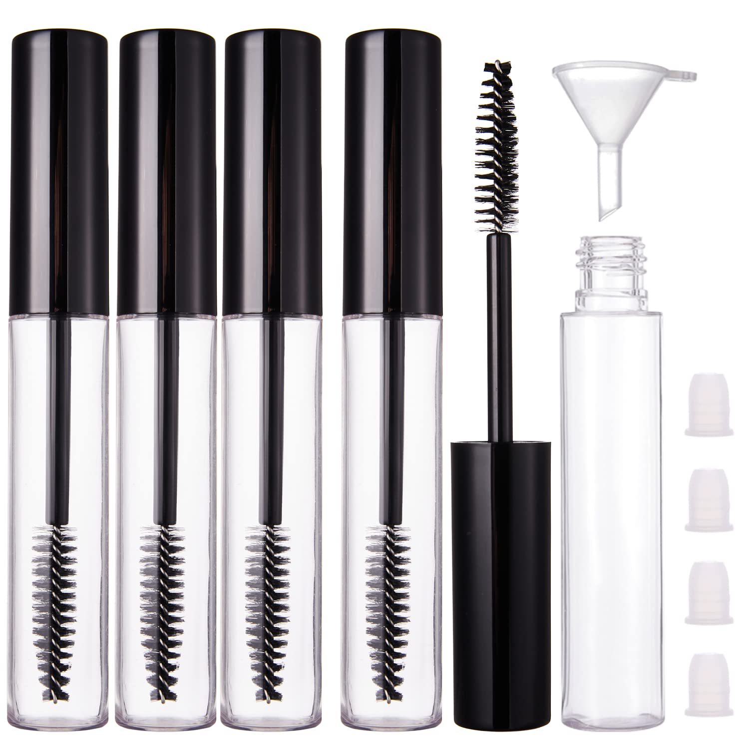 YITOU 4 Pack 10ml Empty Mascara Tube with Brush Wand, Refillable Eyelash Cream Container DIY Cosmetics Bottle for Castor Oil/Eyebrow Growth Serum/Coconut Oil, 4 Rubber Inserts, 1 Funnel, Black YITOU 4 Pack 10ml Empty Mascara Tube with Brush Wand, Refillable Eyelash Cream Container DIY Cosmetics Bottle for Castor Oil/Eyebrow Growth Serum/Coconut Oil, 4 Rubber Inserts, 1 Funnel, Black