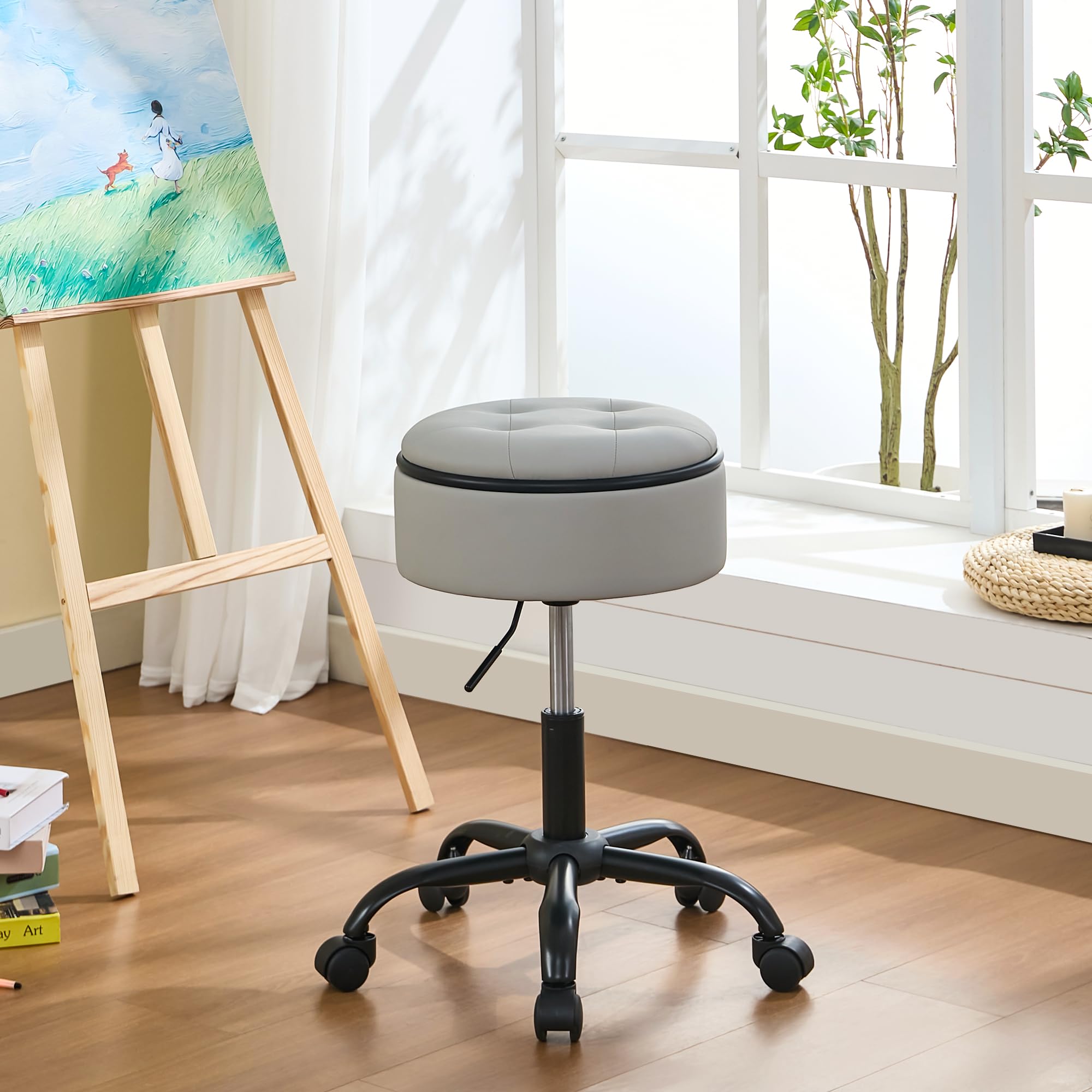 FIRAVOE Vnity stołek z kółkami (krzesło i mały stolik w jednym) (regulowane krzesło do tatuażu 52,5 cm - 62,5 cm), szary stołek na biurko z miejscem do przechowywania