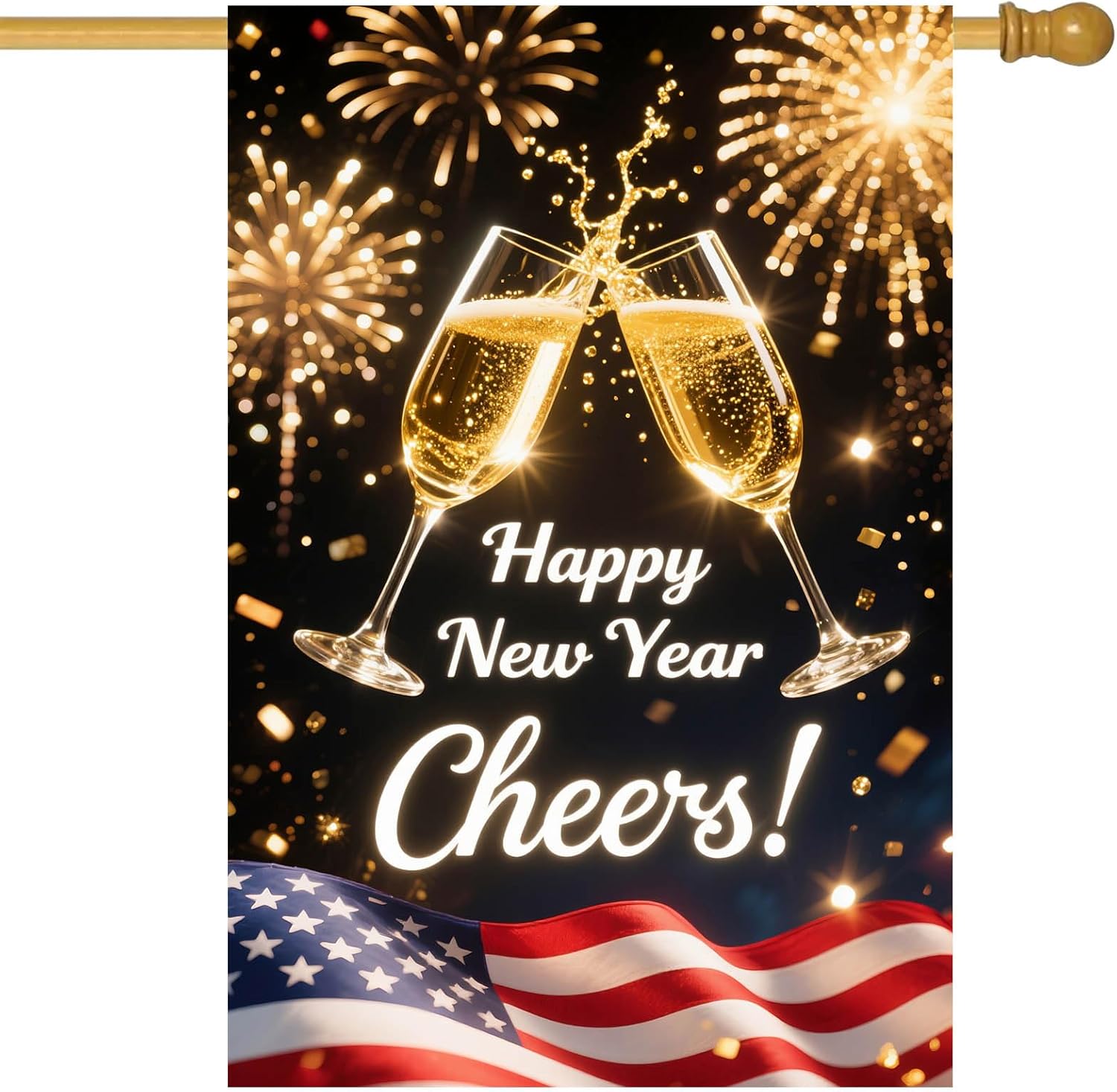 HOMETITUTE Happy New Year House Flag 28x40 Inch Double Sided Garden Flag Cheers Champagne Glasses and American Flag Design Winter Holiday Yard Banner Large Outdoor Flag for Porch Lawn Home Decoration