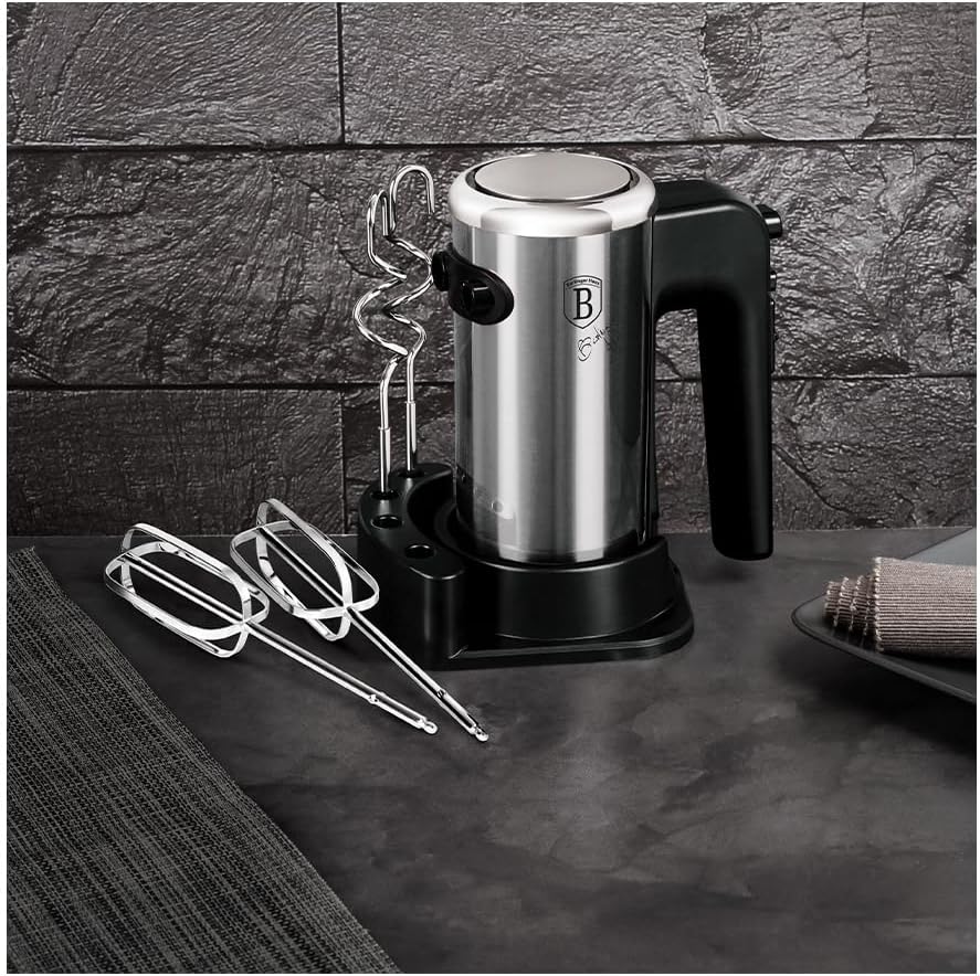 Berlinger Haus Hand Mixer on a kitchen counter with attachments