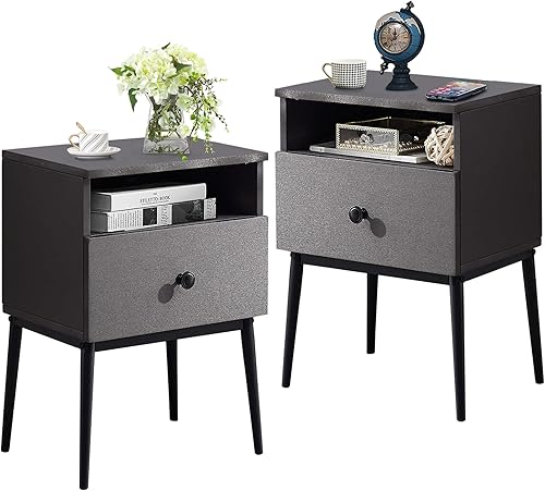 Miniatura 16 de VECELO Juego de 2 mesitas de noche modernas, mesa auxiliar cuadrada con cajón y espacio de almacenamiento para dormitorio y sala de estar Marrón