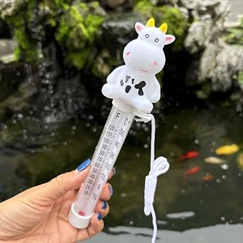 Cute Cow Floating Pool Thermometer Cartoon Dairy Calf Shape Thermometer with String Easy Read Dual Scale Temperature Gauge for Outdoor Swimming Pool, Aquarium & Pond