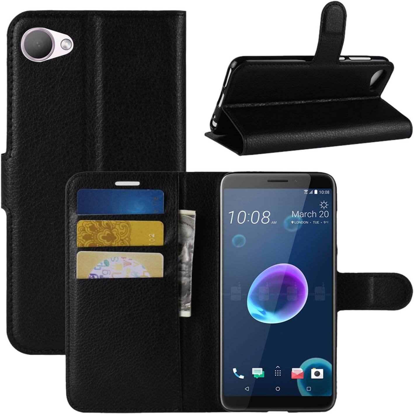 HTC Desire 12 Case, Premium PU Leather Wallet Flip Phone Protective Case Cover with Card Slots for HTC Desire 12 Smartphone (Black)