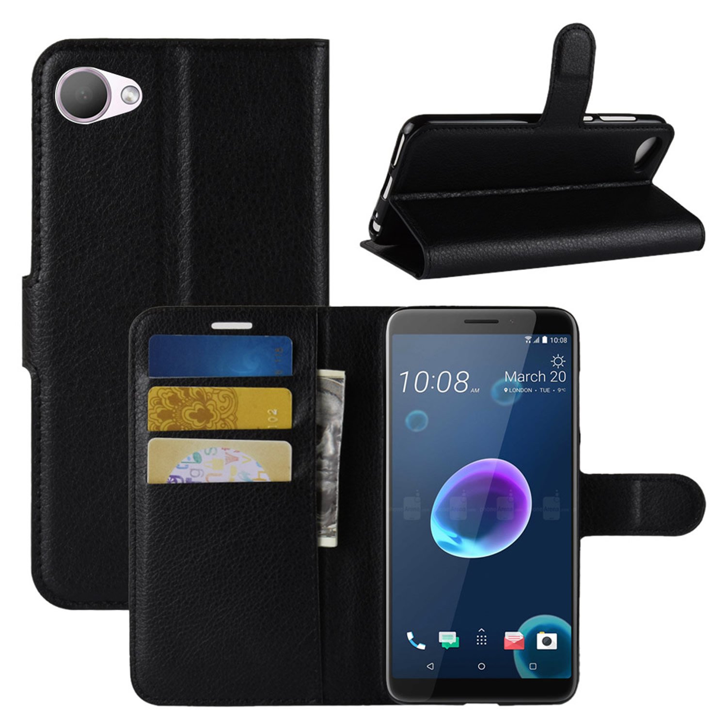 HTC Desire 12 Case, Premium PU Leather Wallet Flip Phone Protective Case Cover with Card Slots for HTC Desire 12 Smartphone (Black)