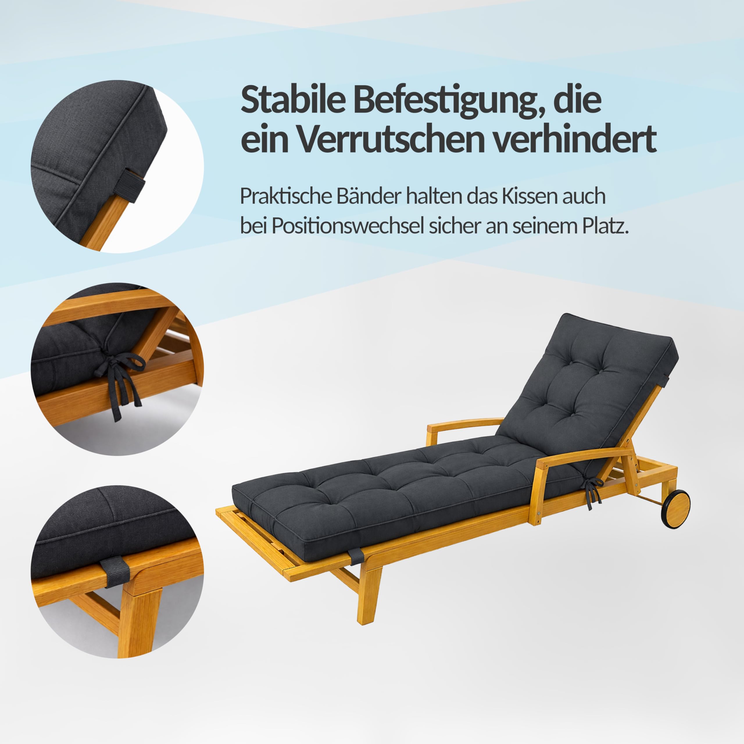 POKAR Liegenauflage 200x60x13 cm | Wasserabweisend | Gesteppte Sonnenliege Auflage | Polsterauflage für Liegestuhl und Deckchair | Outdoor Kissen für Gartenliege | Oeko-TEX | Made in EU | Anthrazit