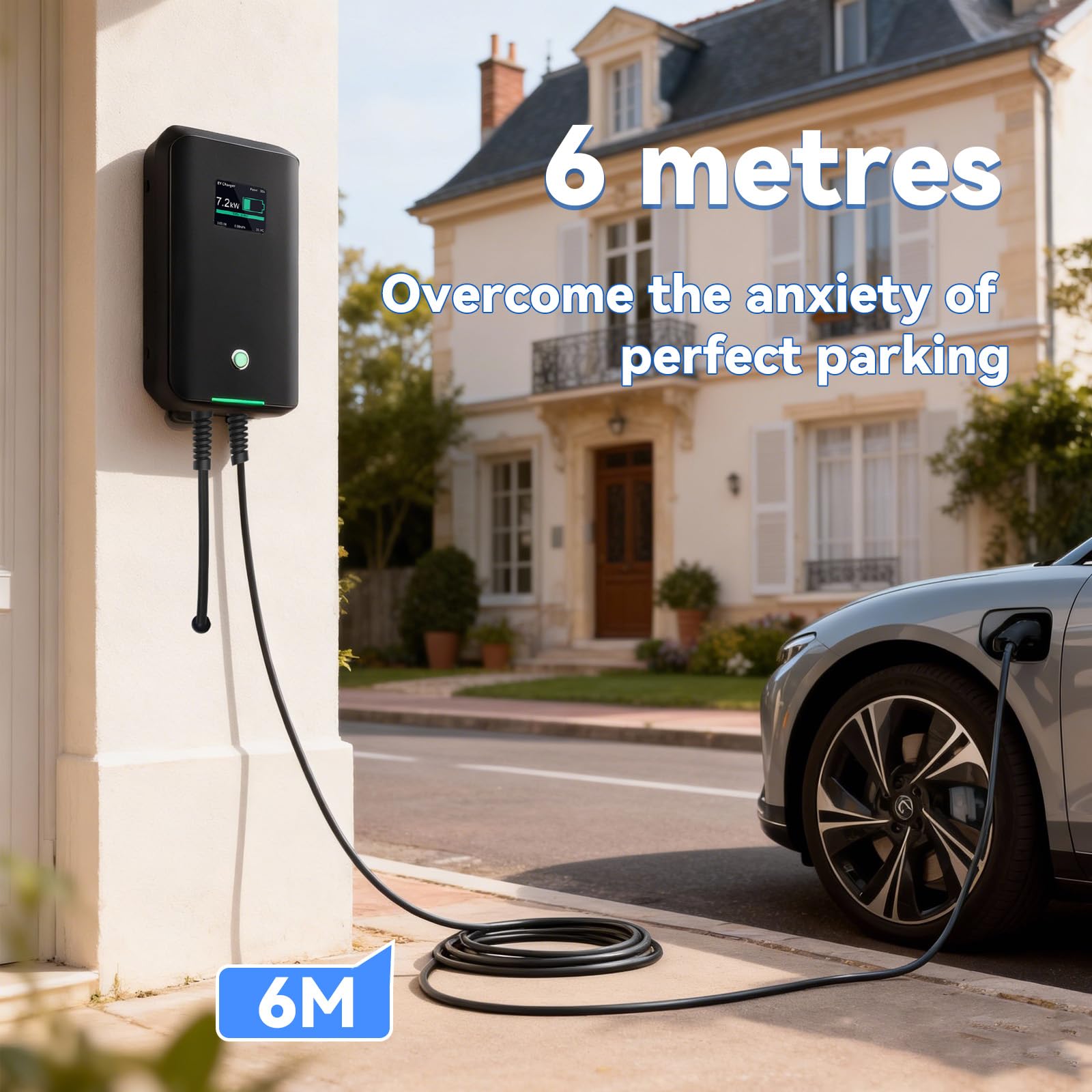 EV Ladegerät 7kW Wallbox, 32A 1 Phase Elektroauto Ladestation mit 6,1m ladekabel elektroauto typ 2 schuko, Für Renult S,Scenic,Megane,Model Y/3,E-C3,E-208,E-2008,EX30,XC60,MG4