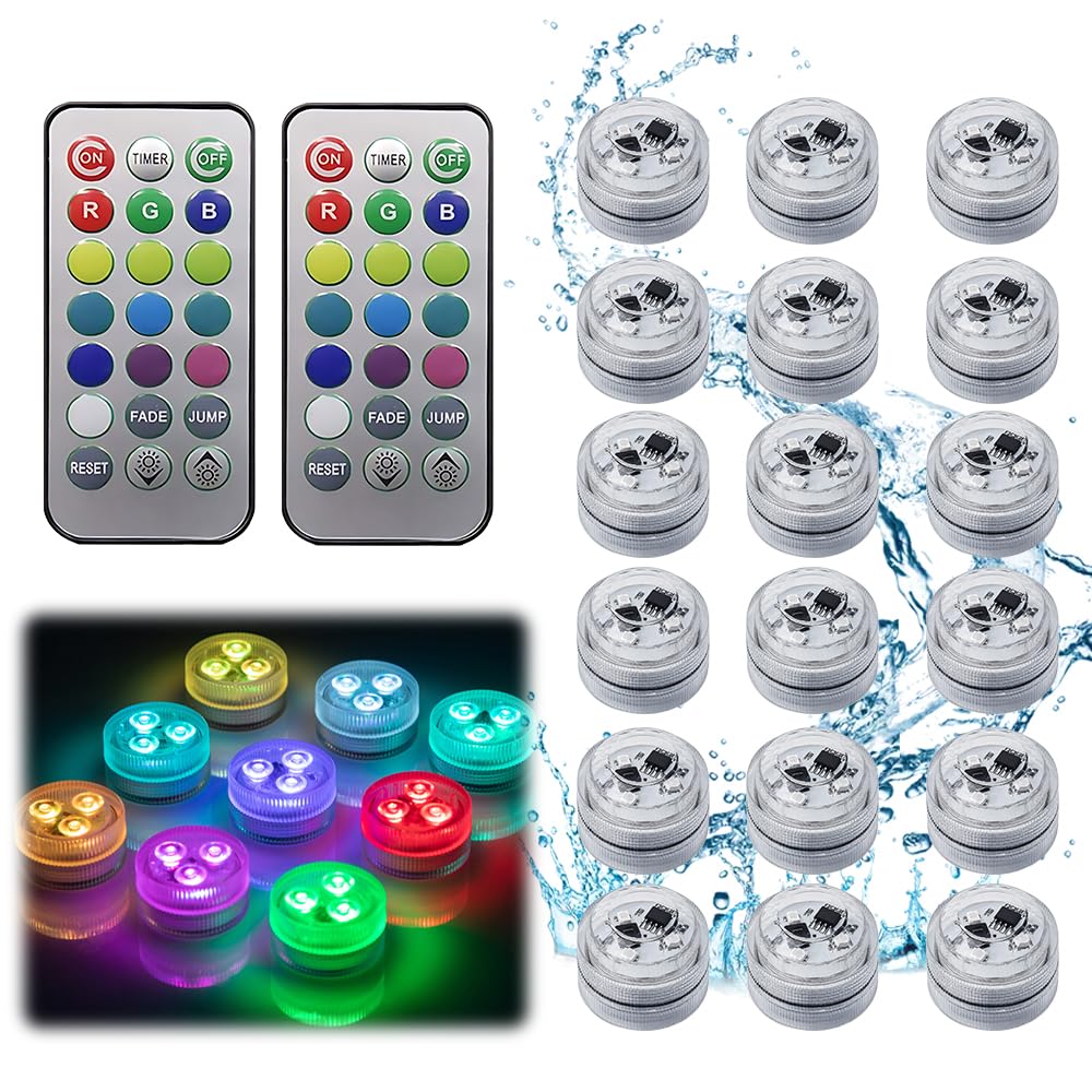 Mini Unterwasser Licht, 12/18 Stück Mini led Teelichter Bunt mit Fernbedienung, 13 Farben RGB Led Lichter mit Fernbedienung, Wasserdichte Teelichter für Vase, Aquarium, Pool, Garten, Party (18)