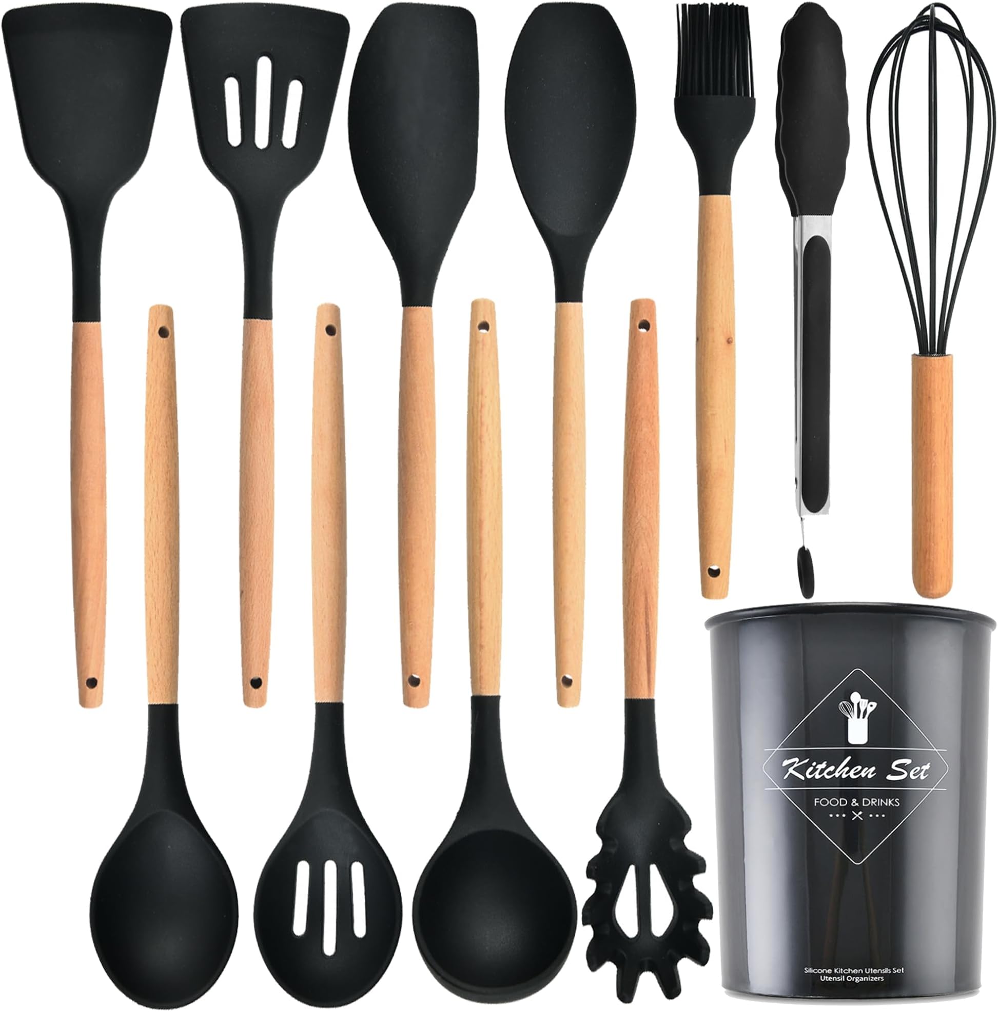 Kitchen Utensils Set,Kitchen Cooking Utensils Set,Stirring,Spoon,Spatula,Made of Heat Resistant Food Grade Silicone and Wooden Handles,Kitchen Gadgets &Tools Set (Black Kitchen Utensils)