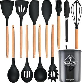 Kitchen Utensils Set,Kitchen Cooking Utensils Set,Spoon,Spatula,446F Heat Resistant 12-pcs Non-stick Food Grade Silicone and Wooden Handles,Kitchen Tools SetBlack