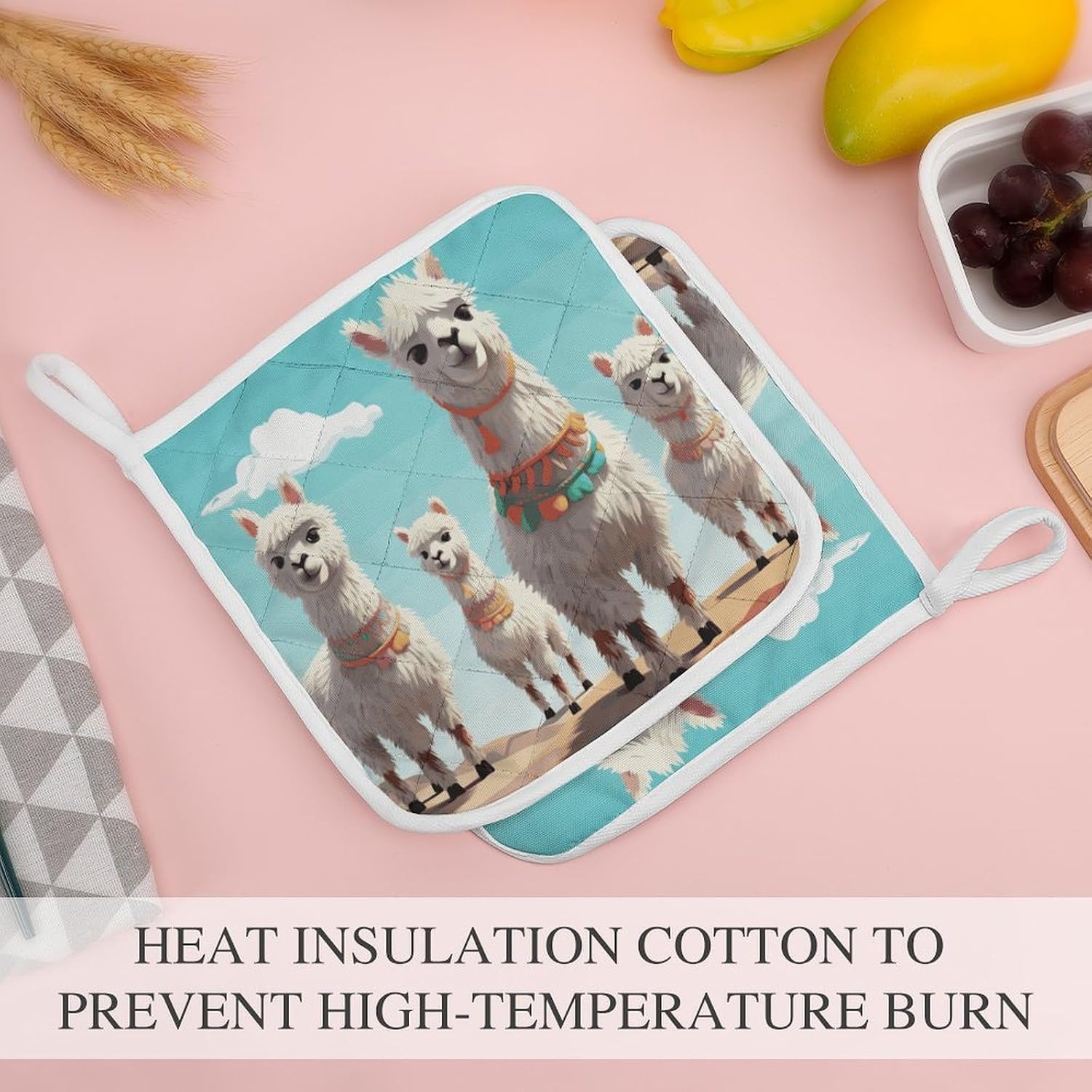 Pot Holder Set of 2 Cute Llama Printed Potholders for Kitchens Heat Resistant & Non Slip Potholders for Kitchen Cooking Baking BBQ