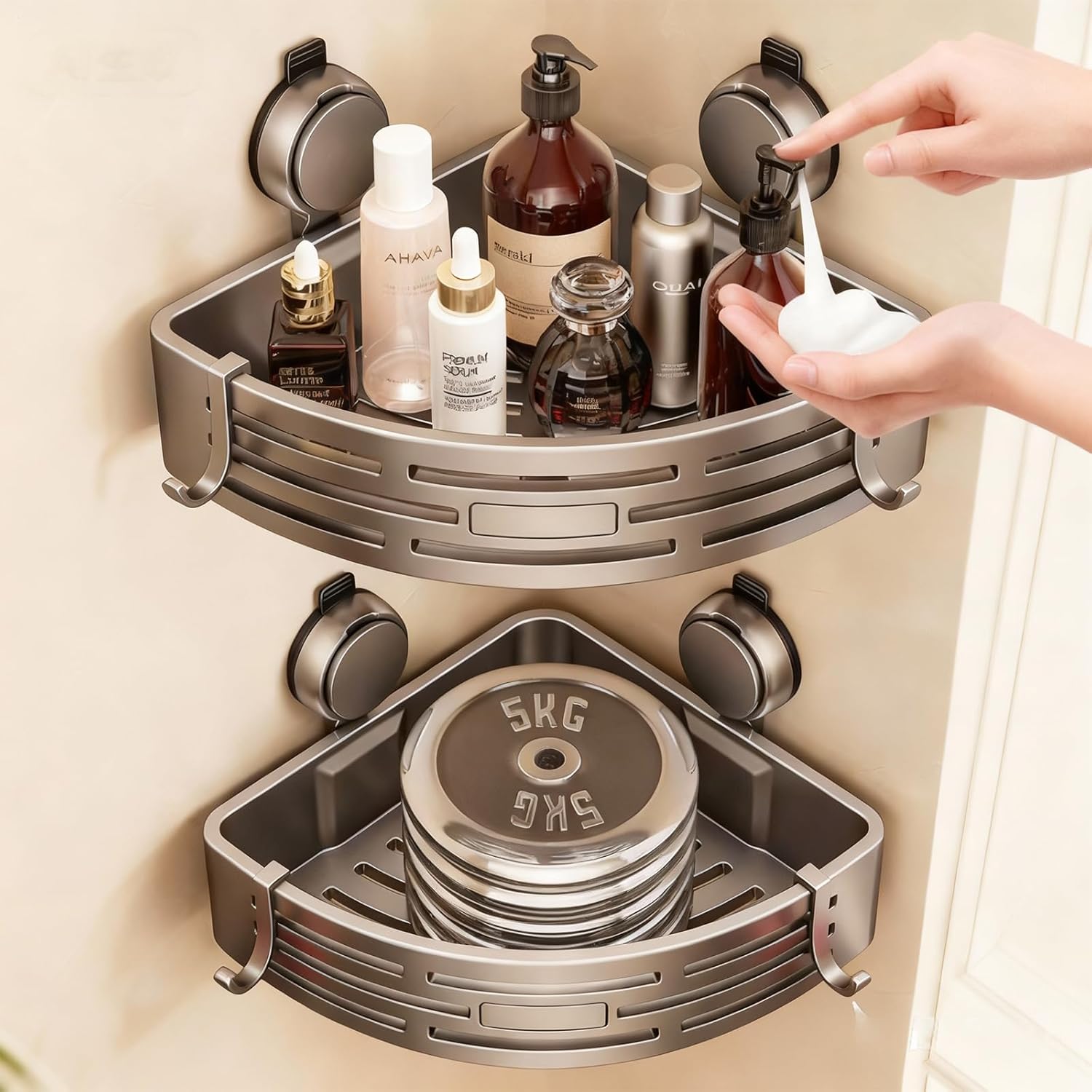 Shower Caddy Suction Cup,2 Pack Shower Shelves with Hooks,No Drilling Aluminum Suction Showers Organizer,Waterproof Rustproof Bathroom Shelf Storage Rack (corner-2 Pack)