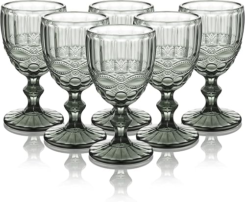 Juego de 6 copas de vino vintage, copas de agua de vidrio de colores de 8 onzas, copas de vidrio de cristal de cristal, aptas para lavavajillas,