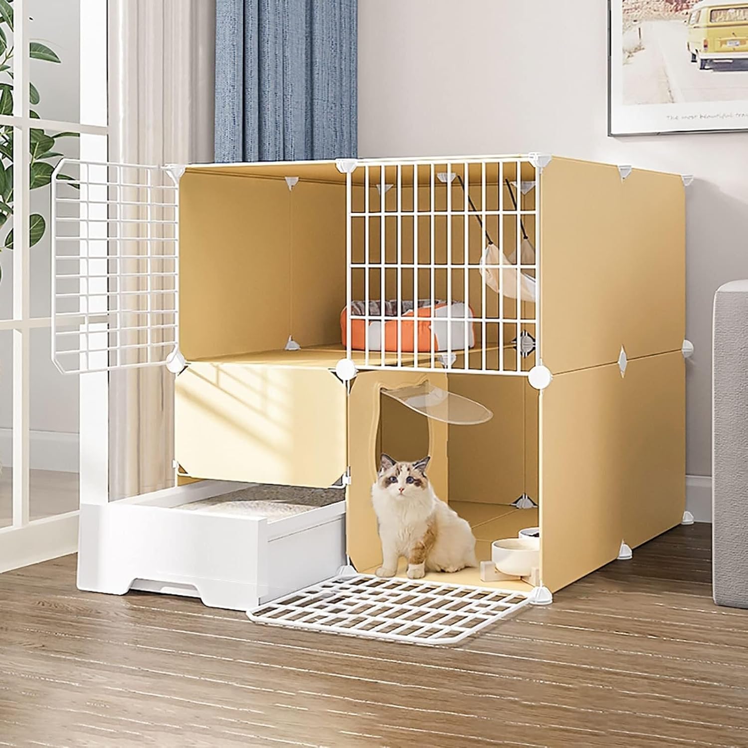 Indoor Cat Cage with Litter Box, Gray DIY Metal Cat Enclosure for 1–3 Cats, Small Pet Crate with Hammock & Nest(Color : Gray, Size : 75x49x73cm)(Khaki,75x95x73cm)
