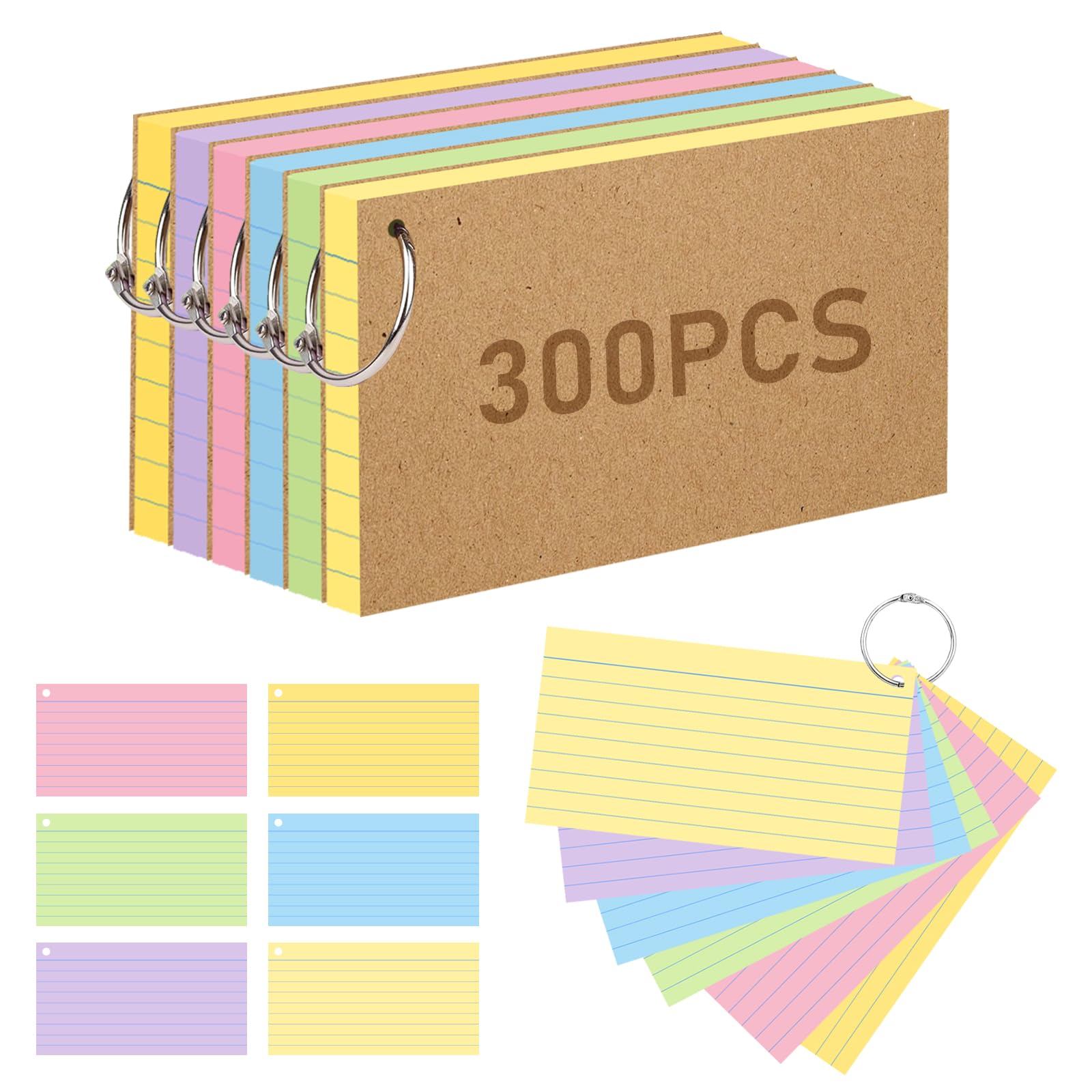 Flash Card, 300 Pcs Revision Cards Index Cards Ruled Flashcards Multicolor Kraft Paper Notecards Cue Cards with 6 Metal Binder Rings for Office School Home Study Record
