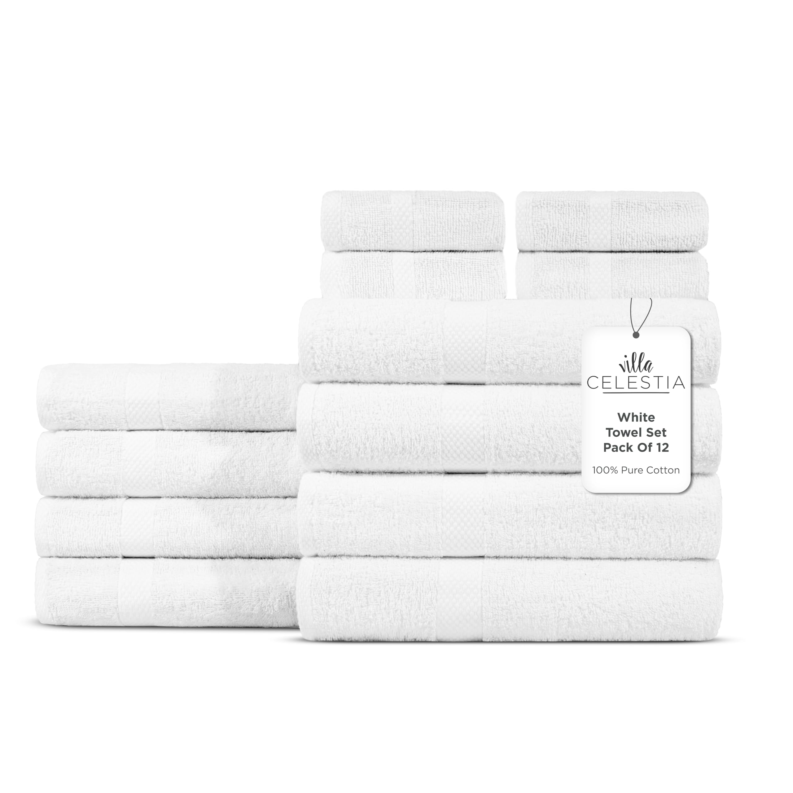 Villa Celestia 12-Piece 100% Cotton Towel Set, 4 Bath Towels, 4 Hand Towels, 4 Wash Cloth, Quick-Dry, White