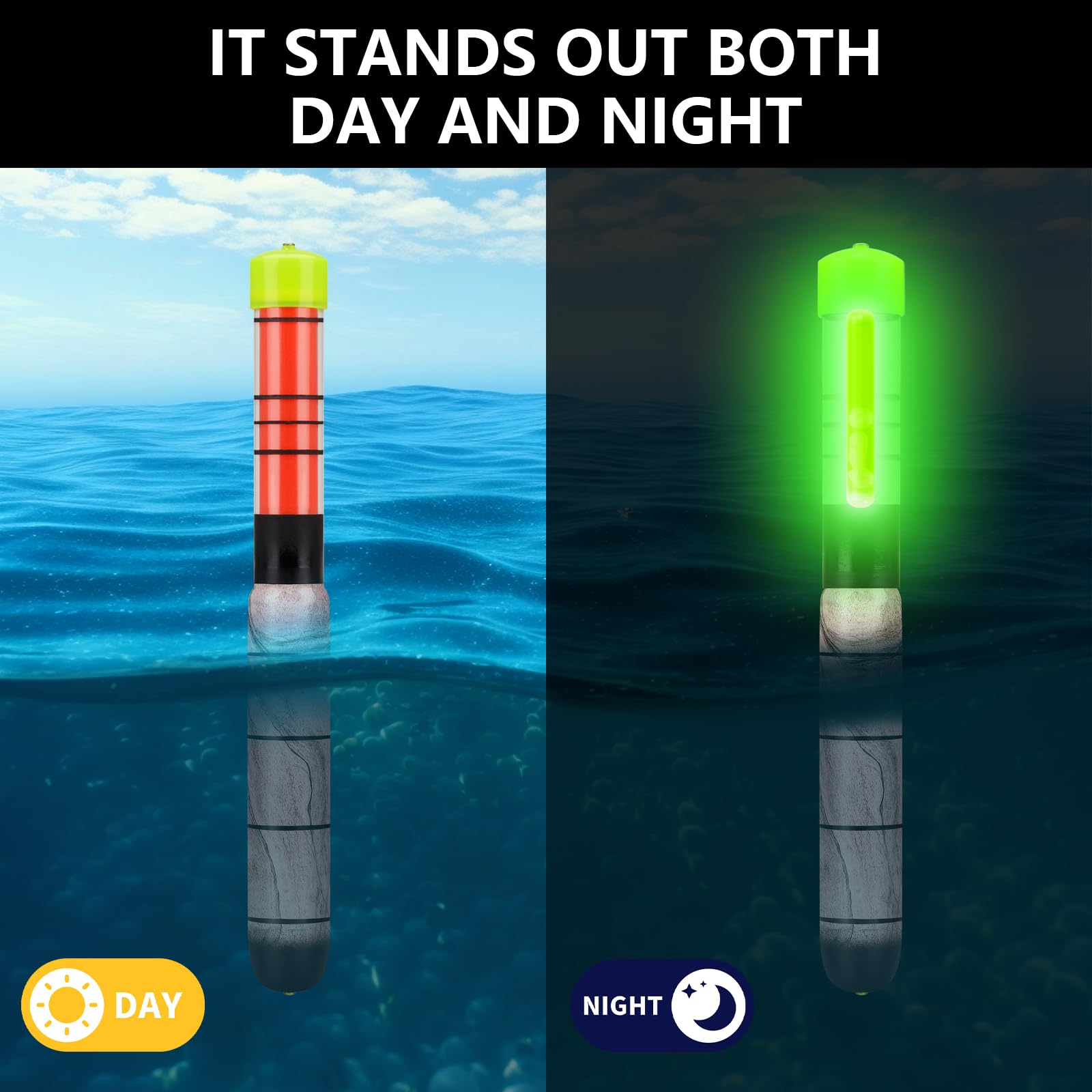 QualyQualy Lighted Fishing Floats, Weighted Floats Catfish Pole Floats Glow Sticks Lighted Bright Bobber Wood Pole Fishing Float for Big Bait 8IN 10IN 12IN, 3PCS (8''-3Pcs)