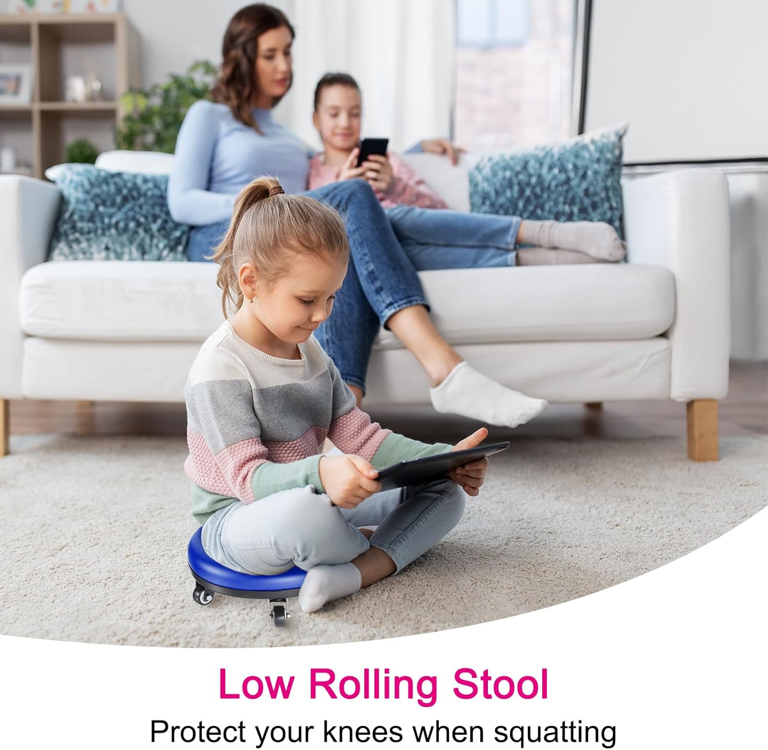 PATIKIL Low Roller Seat Wheel Stool Chair - PU Leather Universal Wheel for Home Office Fitness - Round Rolling Short Stool (Blue)
