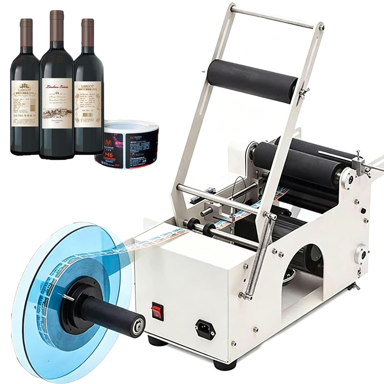 RoyceBee Semi-Automatic Plane Labeling Machine, Round Bottle Label Applicator & Sticker Dispenser Machine - Electric Labeler for Glass, Plastic, and Metal Bottles