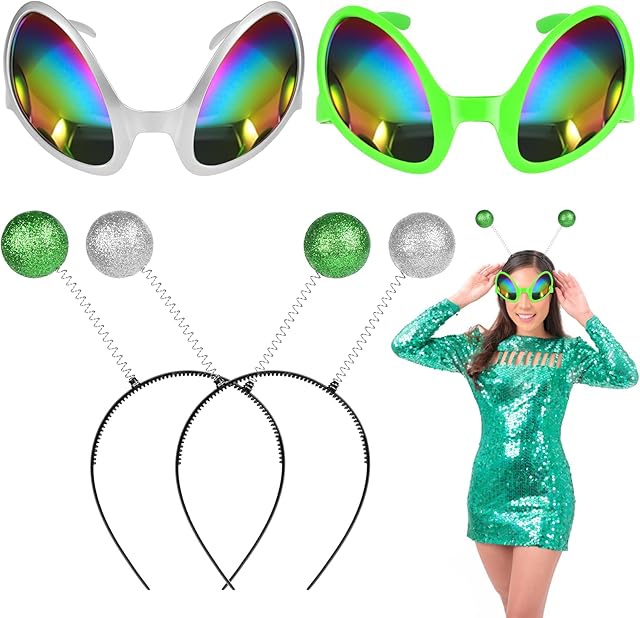 Ainiv Alien Headband And Glasses, Alien Antenna Headband Rainbow Lens Sunglasses, Hairband Shading Mirror Novelty Costume Party Favors Accessories for Adult Kids Halloween