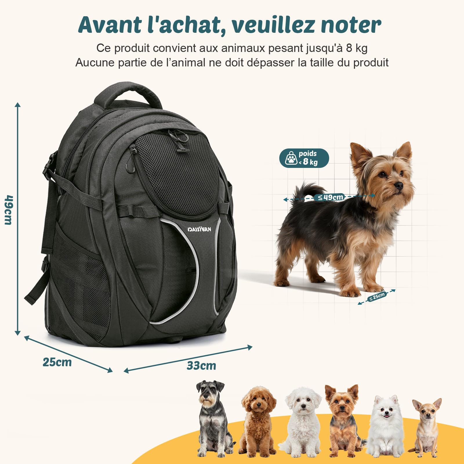 Sac à Dos Chien Chat jusqu'à 8kg, Transport Ergonomique Randonnée avec Compartiment PC, Nylon 600D Robuste, Aéré, Fond Stable & Coussin Lavable, Idéal pour Excursion Camping Voyage