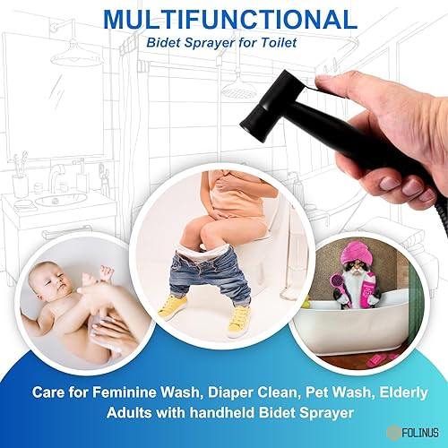 Miniatura 3 de Rociador de bidé para inodoro, rociador de bidé de mano de acero inoxidable con manguera a prueba de fugas de capa Doulbe y válvula en T de latón y