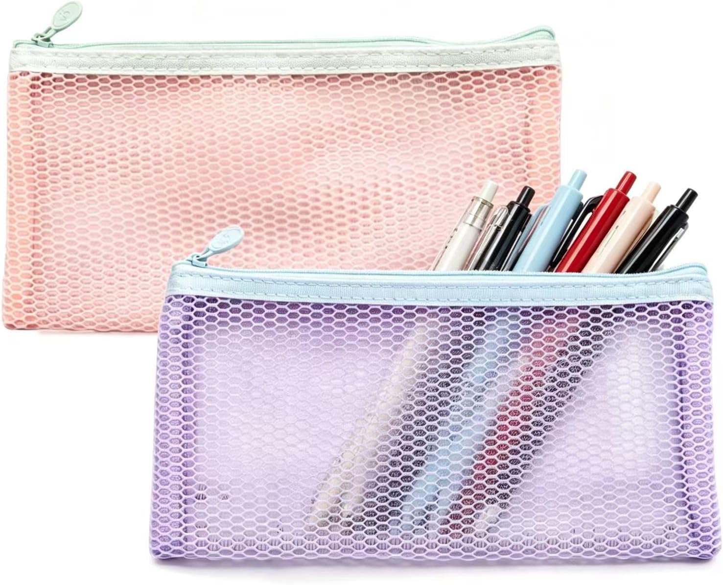 2-Pack Mesh Pencil Case,7.87 x 4.33 Inches, Multi-Purpose Transparent Pencil Case for Office and Travel (Blue + Pink) 1.0