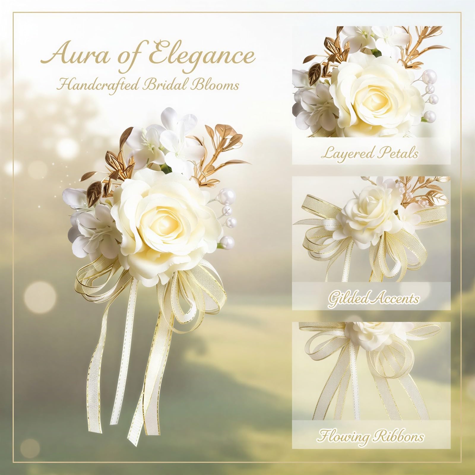 6 Stk. Boutonniere für Bräutigam zur Hochzeit, cremeweiße Rosen-Anstecker für Herren mit goldenen Blättern, romantische Kunstrosen-Boutonniere für Trauzeugen, Gäste, Prom, Anzugsdeko