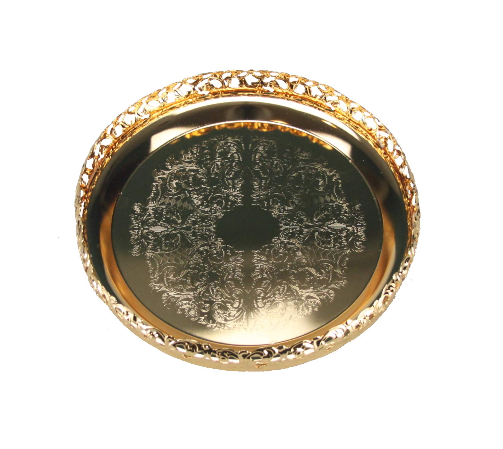 Gold Serving Tray Round Decorative Mirror Polished Paandan Tray Plated Engraved Tray Centrepiece Tealight Candles Plate Tea Fruit Platter Snacks Cupcake Drinks Serving Tray 23cm (Style 1 - Gold)