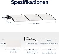 VIVOHOME 300x100 cm Polikarbonát Előtető Ajtó Ablak Napellenző Esővédelem Fekete Tartóval 8