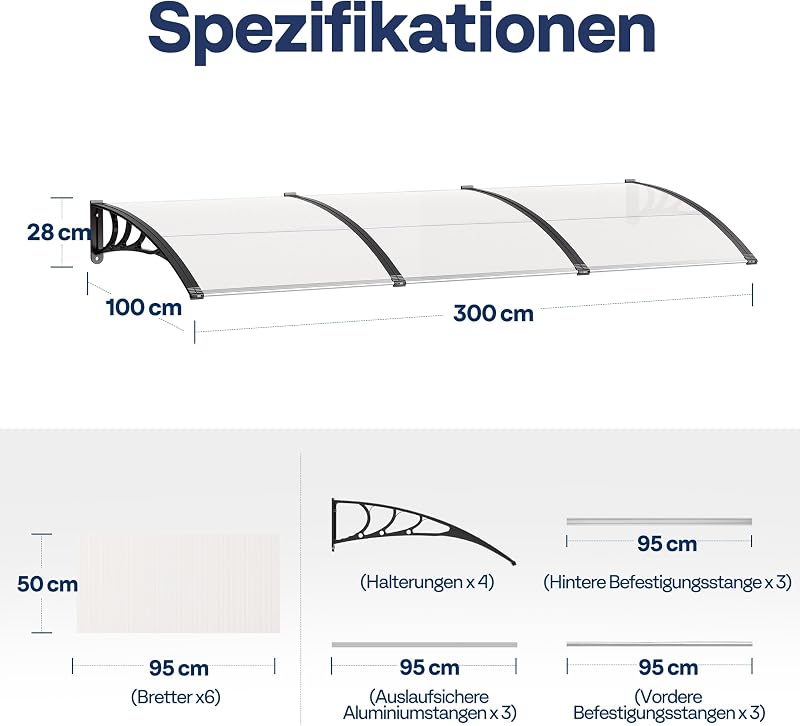 VIVOHOME 300x100 cm Polikarbonát Előtető Ajtó Ablak Napellenző Esővédelem Fekete Tartóval
