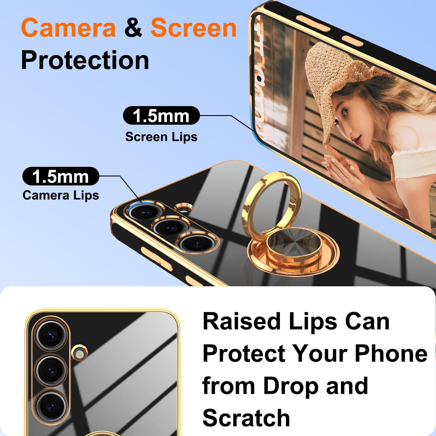 Gritup for Samsung Galaxy S24 Case: with 2Pcs Screen Protector, 360° Rotation Ring Holder Magnetic Kickstand Plating Gold Edge Soft TPU Shockproof Protective Cover for S 24, Black image 4