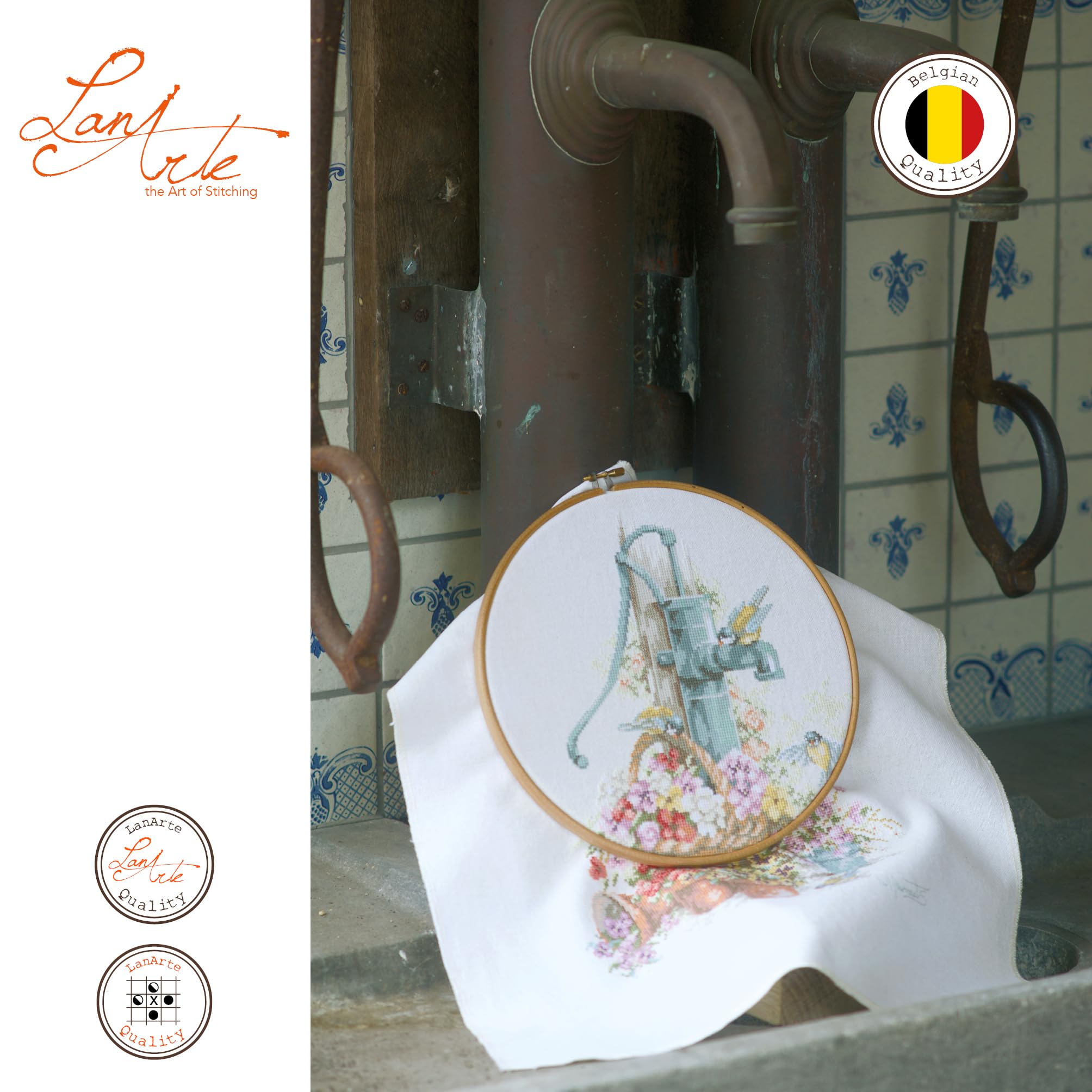 LANARTE Point De Croix Compté Kit Tableau Complet Set OISEAUX À LA POMPE À EAU De Broderie Loisir Créatif Maison Decoration Cadeau DIY ca. 29 x 39 cm Counted Cross Stitch Embroidery