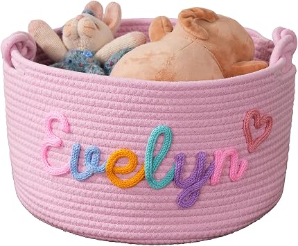 ZUNON Personalized Cotton Rope Storage Basket, Decorative Woven Nursery Organizer with Custom Name, Baby Gift Basket for Girls and Boys, Newborn, Girls, Babies Pink